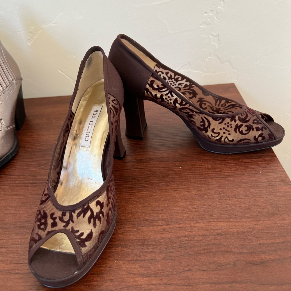 Ann Marino Chocolate Peep-Toe Heels
